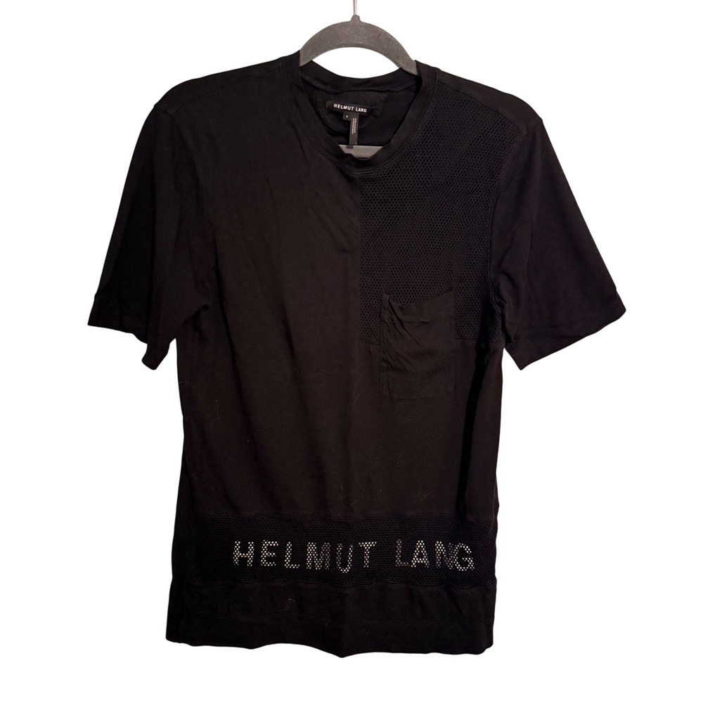 Helmut Lang Black Mesh Logo T-Shirt Short‎ Sleeve Pocket Tee Small Grunge Street